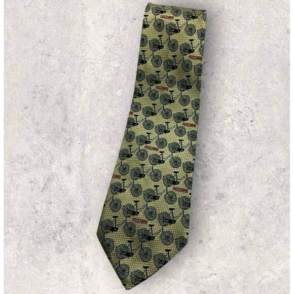 MOSCHINO Silk Tie ITALY Gold Black Red Bicycle Monogram Brand W:3.6